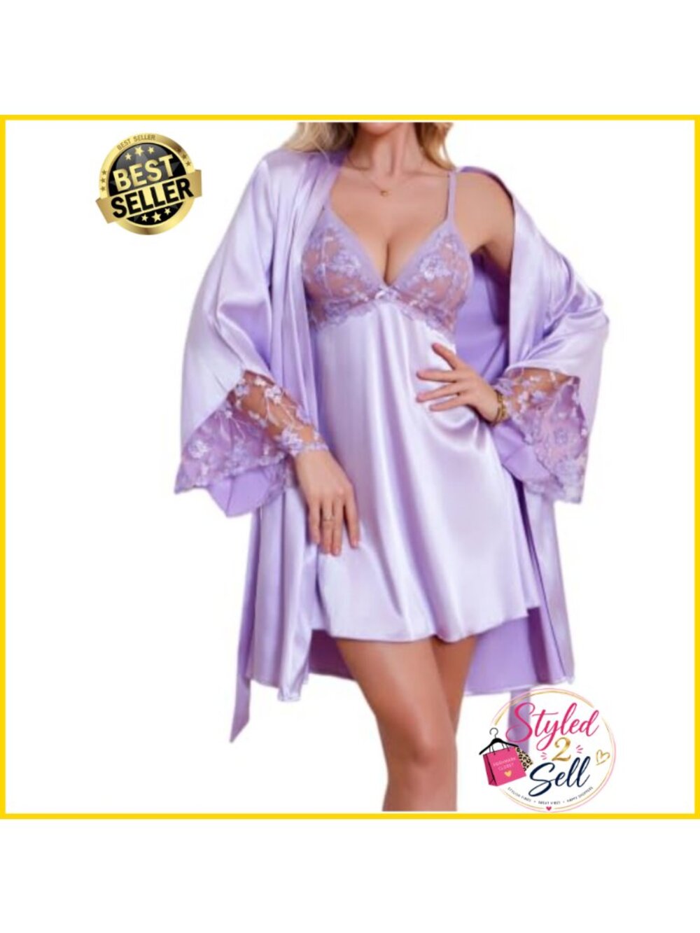 Lace Cami Nightgown and Satin Robe Set 2 Piece Sleepwear
